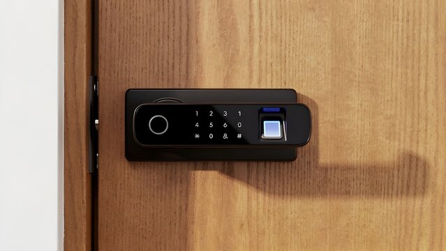 Modern Smart Door Lock with Touchscreen Keypad and Biometric Fingerprint Scanner on a Wooden Door