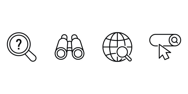 Search icon set with magnifying glass binoculars global network and search bar vector illustration.