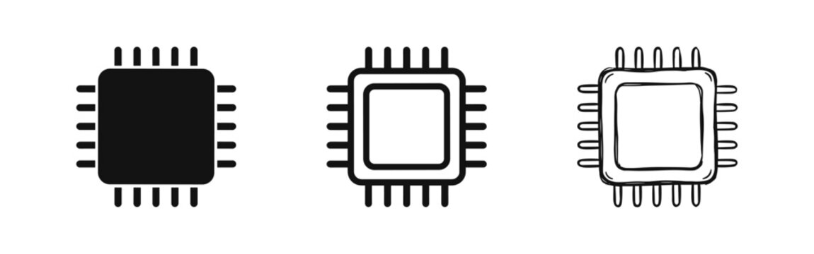 Computer Chip and Processor Icons Set Representing CPU Hardware and Digital Technology