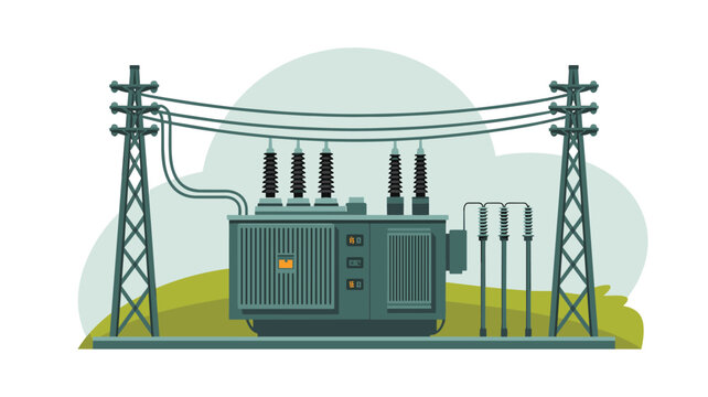 An industrial electrical power transformer stands between tall steel lattice utility towers on a grassy field against a muted clear sky background with pale green tones.