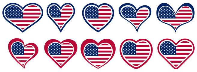 Obraz premium Collections United States flag heart shaped icon set. USA flag love symbol. Romantic America flag badge emblem design vector illustration