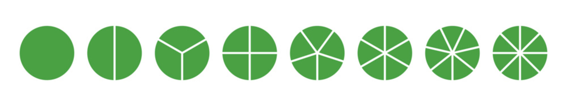 Circle division on 1 2 3 4 5 6 7 8 green equal parts. Infographic minimalist icons set. Pizza, pie chart layout. Wheel round divided diagrams from one to eight segments. Coaching blank mockup