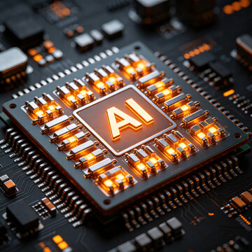 AI neuromorphic memristor cross array, the word "AI" on it, a memristor cross array used for neural network acceleration, titanium electrodes and oxide switching layer, close-up micrograph of the chip