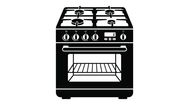 Black and White Illustration of a Modern Kitchen Stove.