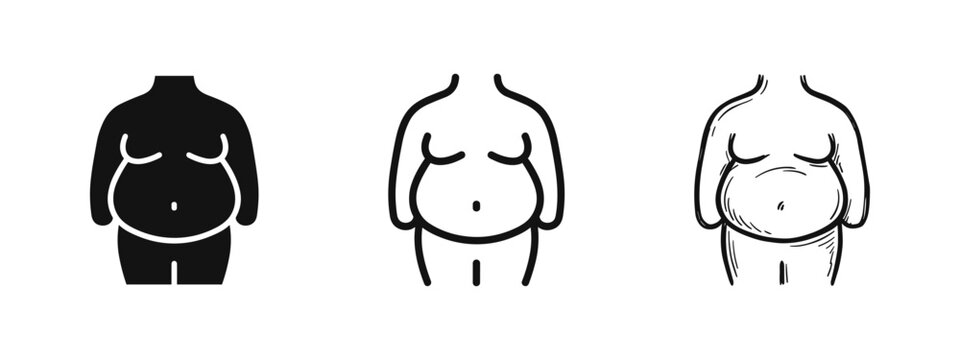 Overweight Body Obesity Icon Set in Solid, Outline and Hand Drawn Sketch Styles