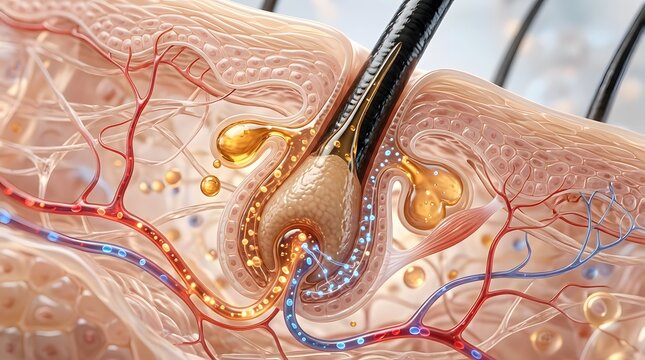 3d illustration of human skin anatomy showing hair follicle, sebaceous gland, and blood vessels