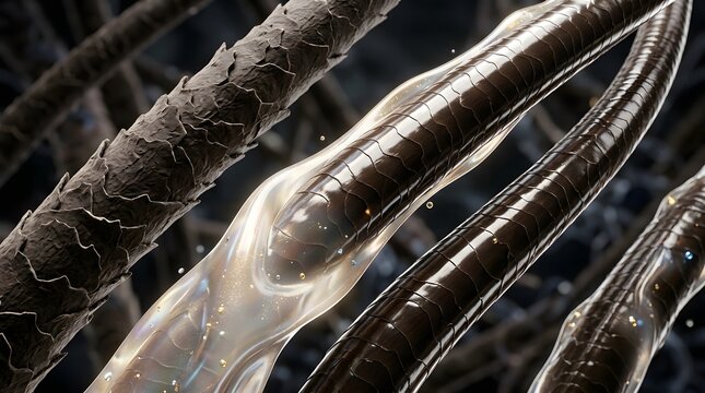 Closeup of healthy human hair strands with a protective serum coating, 3d render illustration showing hair cuticle repair and nourishment