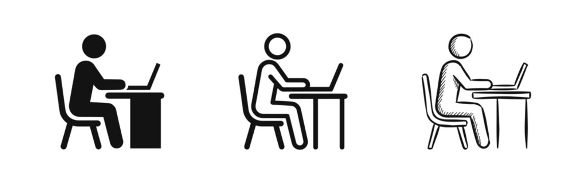 Working on laptop icon set. Person sitting at desk with computer in solid, outline, and sketch styles.