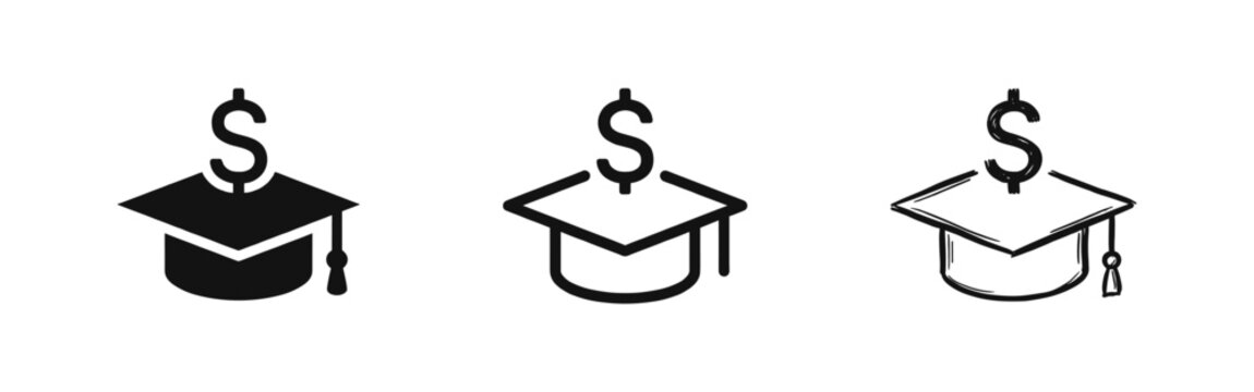 Graduation cap with dollar sign icon set. Education cost and scholarship symbol in different styles.