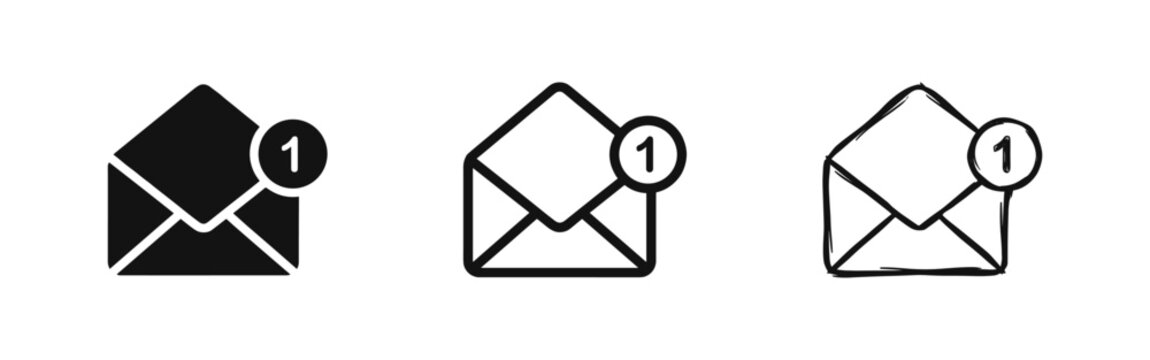 New email message notification icon set. Open envelope with unread mail symbol in different styles.
