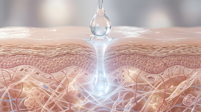 Closeup of a clear serum drop penetrating the skin layers, representing deep hydration, skincare treatment, and dermatological rejuvenation