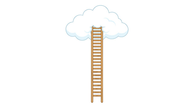A tall wooden ladder stands perfectly vertical, extending straight upward to reach the base of a single fluffy, soft-edged cartoon cloud against a plain white background.