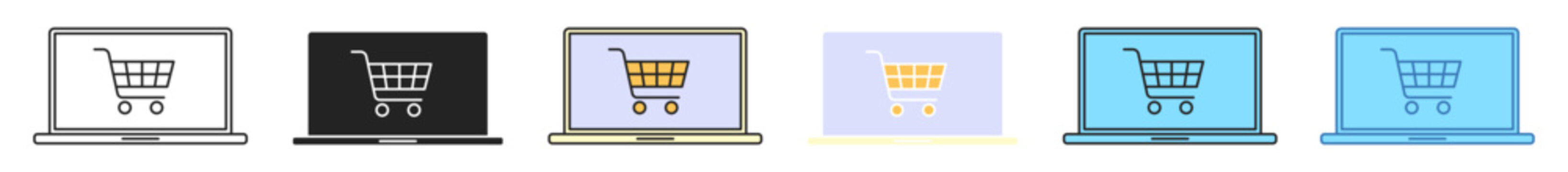 ecommerce laptop icon set. laptop with online shopping cart display icon set in multiple digital colors and dark mode variants