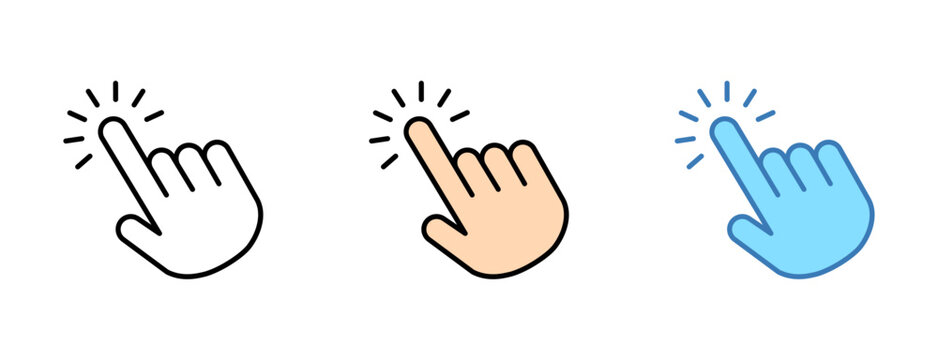 hand click cursor icon set. hand cursor clicking icon button pack in outline skin tone and blue highlight color variations