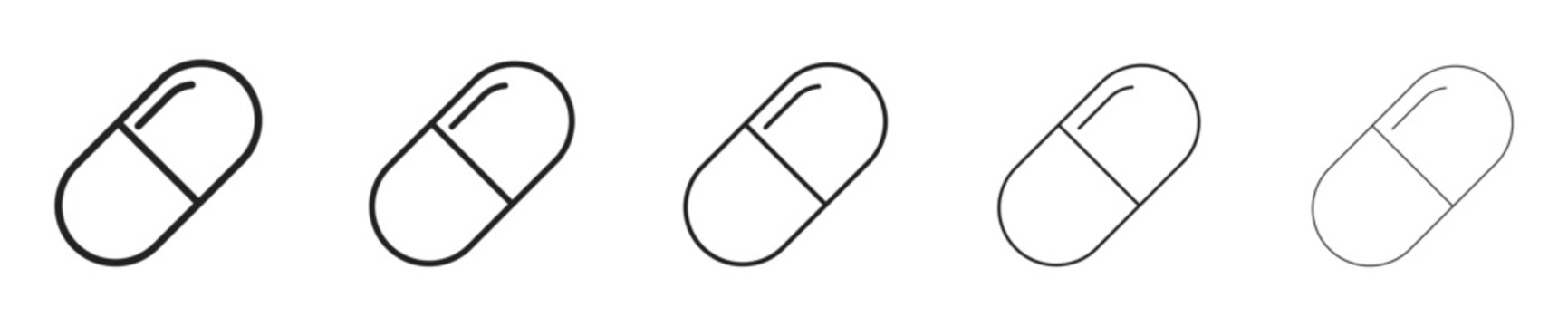medical pill line icon set. medical capsule pill outline icon collection with varying opacity and stroke weights for healthcare app