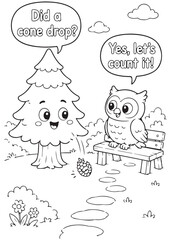 Fototapeta premium coloring book owl counting a fallen cone along the forest path