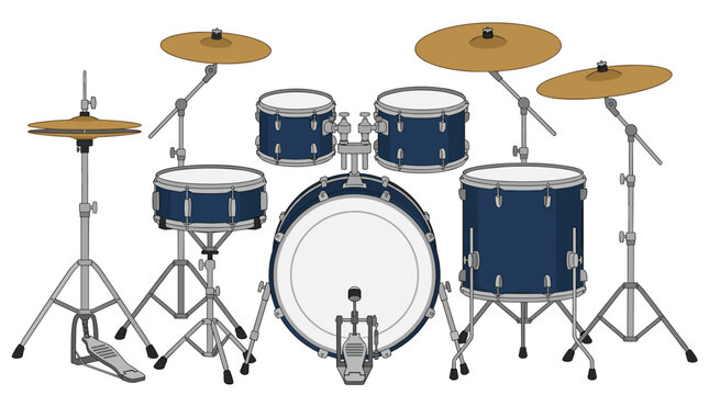 A dark blue acoustic drum set featuring multiple cymbals and a kick pedal is displayed against a plain white background.