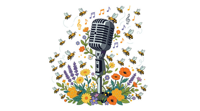 A vintage microphone is surrounded by colorful flowers and buzzing bees, with musical notes drifting in the air against a white background.