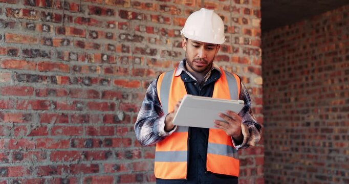 Tablet, man and confused at construction site with engineering app, space or online schedule. Asian person, technology and frustrated for project management, architecture or renovation of building