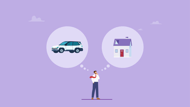 Businessman thinking to buy house or car payment. House or car decision to buy first, expense or obligation to pay, mortgage or car loan leasing, purchasing resident, real estate.