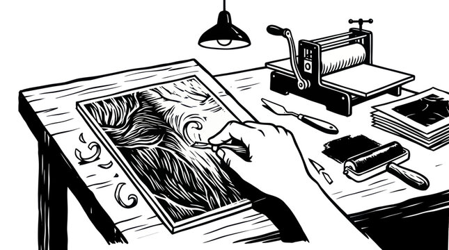 Artist carving woodcut block for printmaking at a desk with tools