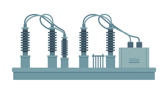 Industrial electrical substation equipment featuring ceramic insulators and metal power distribution hardware depicted in a minimalist flat vector design on a light background.