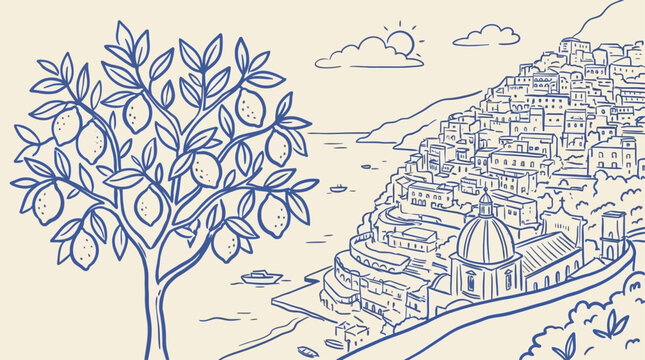Artistic sketch vector illustration of a lush lemon tree overlooking a scenic Mediterranean coastal town like Amalfi or Sicily with vintage hand-drawn architecture and blue ocean view.