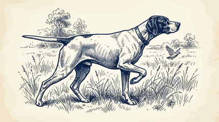 Obraz premium Vintage woodcut style engraving of a classic hunting dog in an alert pointing stance, historical hand-drawn vector illustration of a pointer hound canine in a traditional outdoor wildlife scene.