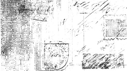 Fototapeta premium Black and white textured abstract background with postage stamp and scribbled lines