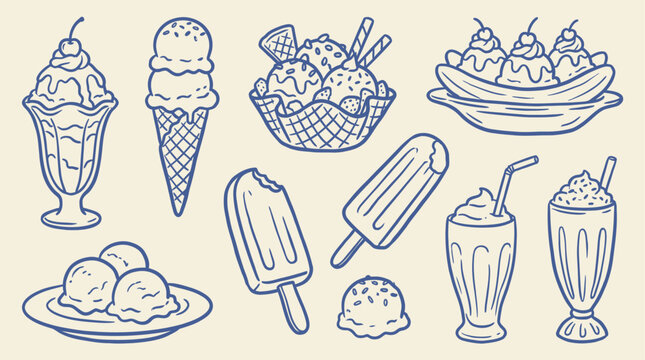 Minimalist Doodle Line Art Vector Illustration of Frozen Ice Cream Scoop in Cone, Sweet Sundae Dessert with Toppings, Handdrawn Refreshing Summer Food Graphics and Tasty Gelato Sketch Elements