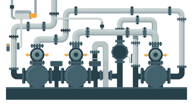 A complex network of metallic industrial pipes, pumps, and valves is shown with rounded flanges against a stark white background in a detailed flat vector illustration.