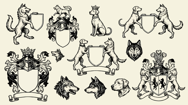 Vintage Heraldic Wolf Dog Silhouette Vector Collection, Medieval Coat of Arms Set featuring Canine Emblem, Black Graphic Illustration for Logo Design and Crest Branding Element.