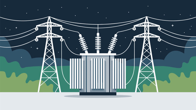 A large electrical power transformer is connected to two tall lattice steel transmission towers under a twilight sky with green rolling hills in the background scenery.
