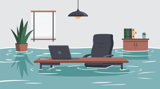 A professional office desk setup and rolling chair remain partially submerged in still turquoise water against a plain background with a single hanging lamp.
