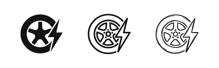 Electric Vehicle Tire and Power Lightning Icon Set in Three Styles © drawing lines