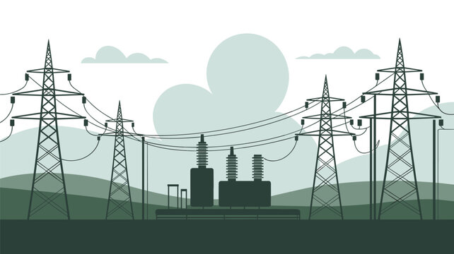 Industrial electrical power transmission towers and high-voltage distribution transformers stand prominently against a simple flat landscape background under a muted grey color pal