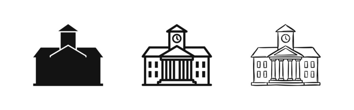 Government Building and University Icons - Education, Law, and Municipal Architecture Symbols