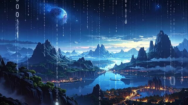 Digital binary code rain falling over a serene mountain landscape