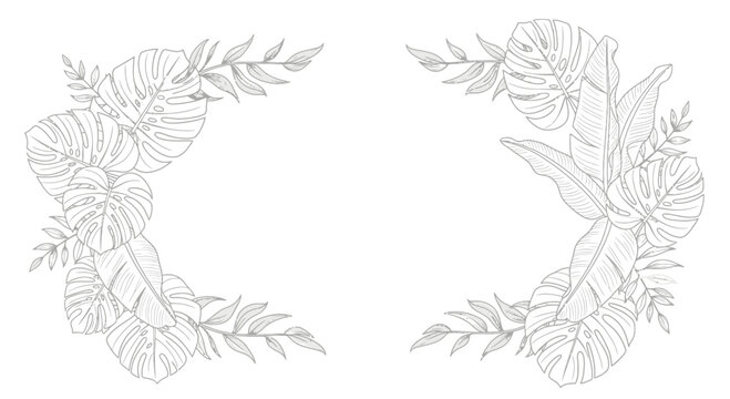 Tropical Leaves Frame, Botanical Border, Hand Drawn Sketch Style