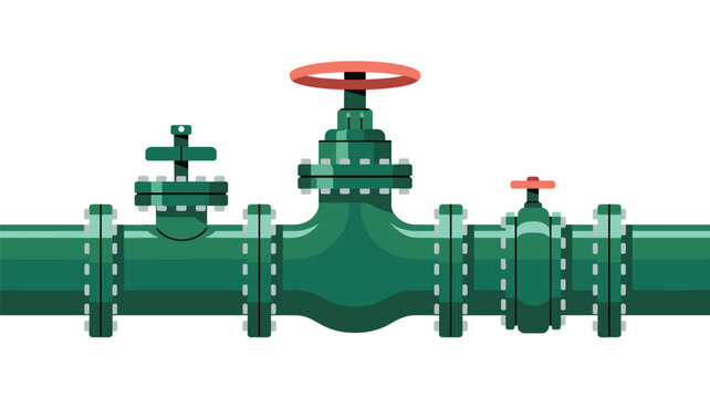 A detailed green industrial pipe system with a prominent circular red valve wheel and bolted flanges is displayed on a stark white background.