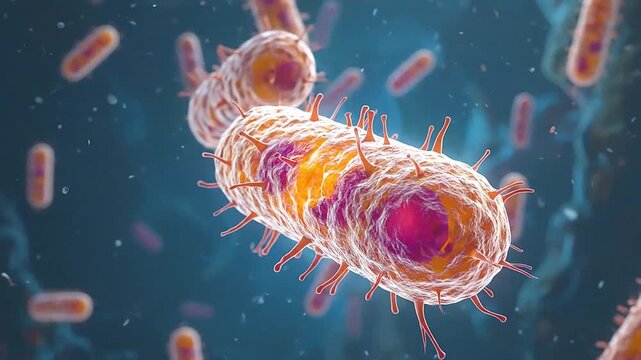 Microscopic view of orange rod shaped bacteria in blue fluid