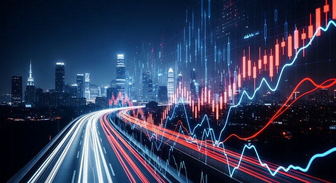 Neon city skyline with light trails and glowing stock market graph night lights