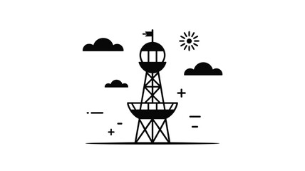 Fototapeta premium A black and white minimalist line art illustration of an observation tower stands prominently against a clear background under a stylized sun with surrounding clouds.