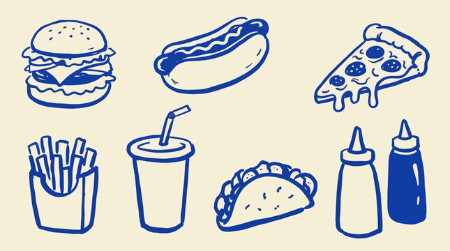 Hand drawn fast food collection featuring various snack like burger pizza and drink in a minimalist doodle line art vector illustration style on a plain white background.