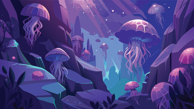 Jellyfish drift in vibrant underwater cave with glowing flora and light rays in vector illustration style