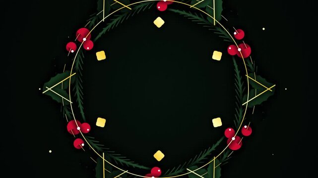 Seamless looping animation of a Christmas wreath with red berries and gold geometric lines