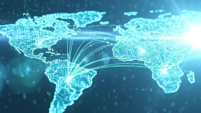 Global Network Connections - Digital World Map with Data Transfer Visualization.