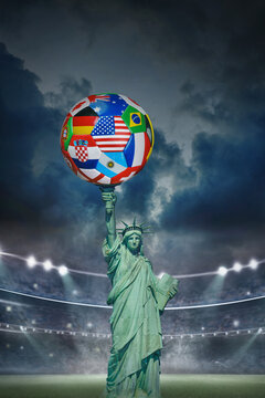 The Statue of Liberty and a soccer ball as a symbol of international games isolated on free PNG Background - New york cityscape. Architecture and building with tourist concept.