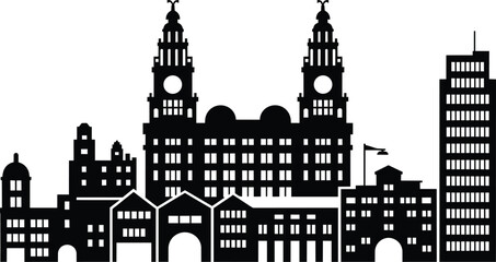 Fototapeta premium City skyline silhouette with distinct architectural styles including a large central building with two towers and modern high