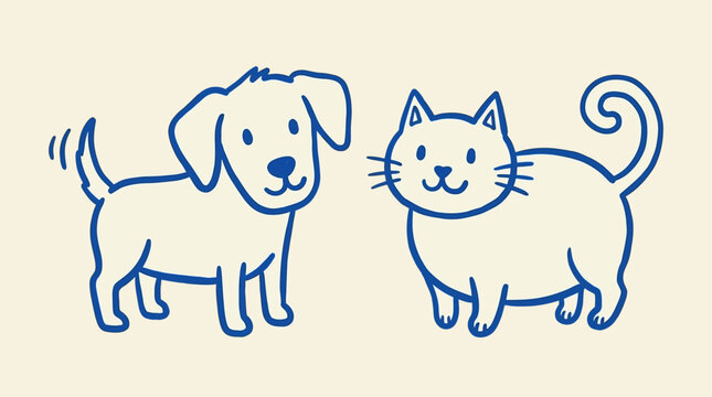 Whimsical artistic pet companionship dog cat puppy kitten minimalist naive sketch vector illustration depicting cute domestic animal friendship in a simple line art style on white background
